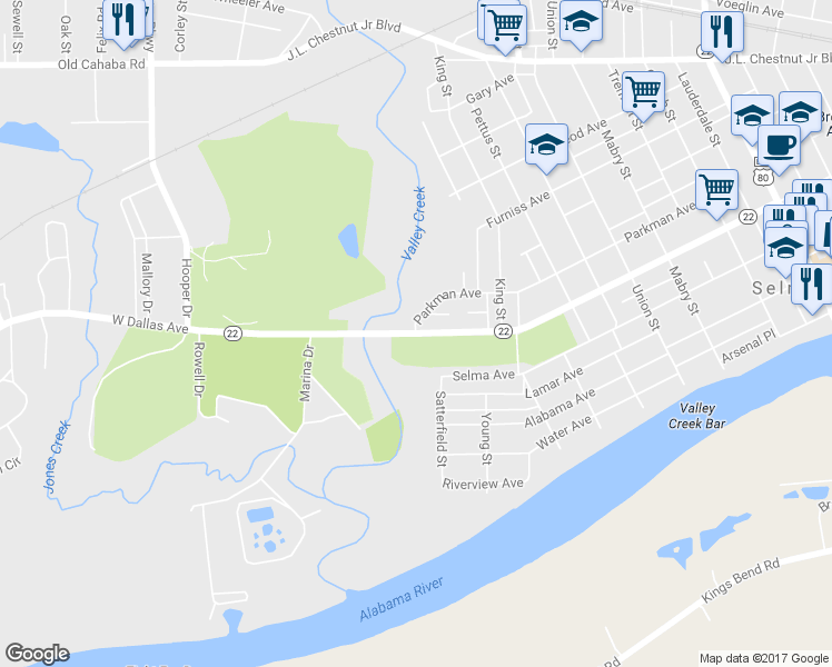 map of restaurants, bars, coffee shops, grocery stores, and more near 15 Dallas Avenue in Selma