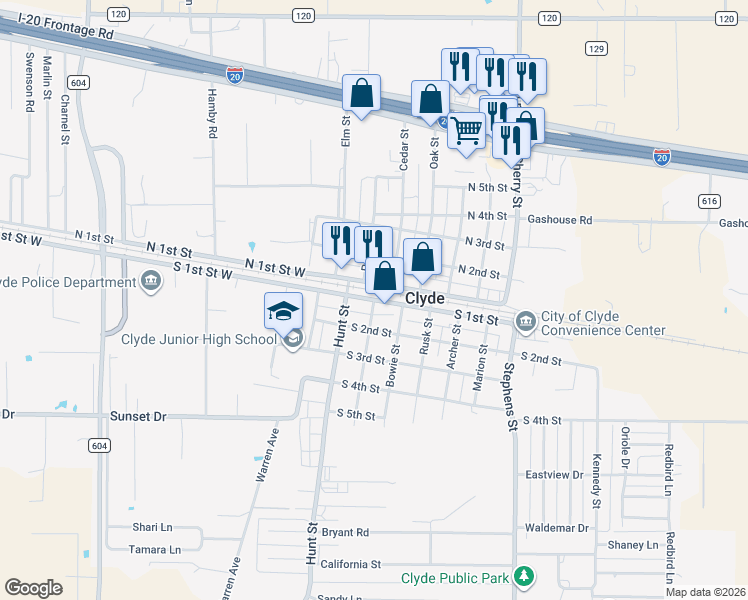 map of restaurants, bars, coffee shops, grocery stores, and more near S 1st St & Austin St in Clyde
