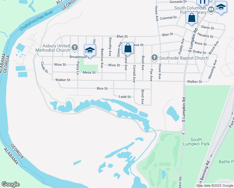 map of restaurants, bars, coffee shops, grocery stores, and more near 2705 Ladd Street in Columbus