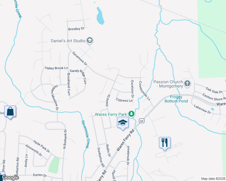 map of restaurants, bars, coffee shops, grocery stores, and more near 1028 David Drive in Montgomery