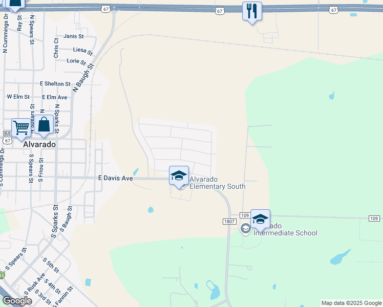 map of restaurants, bars, coffee shops, grocery stores, and more near 1125 Snowy Owl Drive in Alvarado