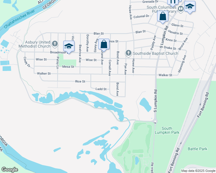 map of restaurants, bars, coffee shops, grocery stores, and more near 2806 Rice Street in Columbus