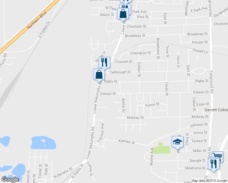 map of restaurants, bars, coffee shops, grocery stores, and more near 1541 Gibson Street in Montgomery