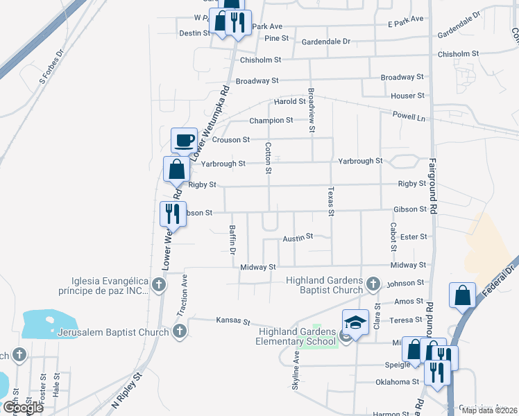 map of restaurants, bars, coffee shops, grocery stores, and more near 1637 Gibson Street in Montgomery