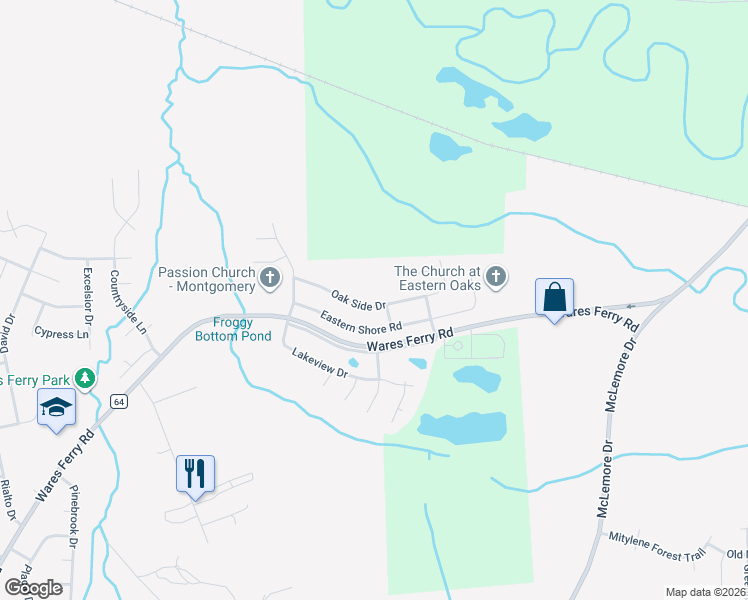 map of restaurants, bars, coffee shops, grocery stores, and more near 6971 Oak Side Drive in Montgomery