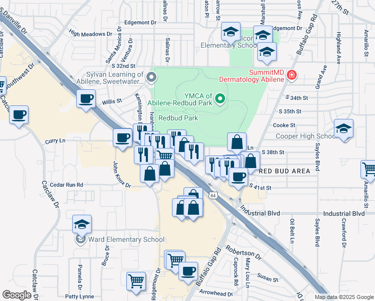 map of restaurants, bars, coffee shops, grocery stores, and more near 3175 Curry Lane in Abilene
