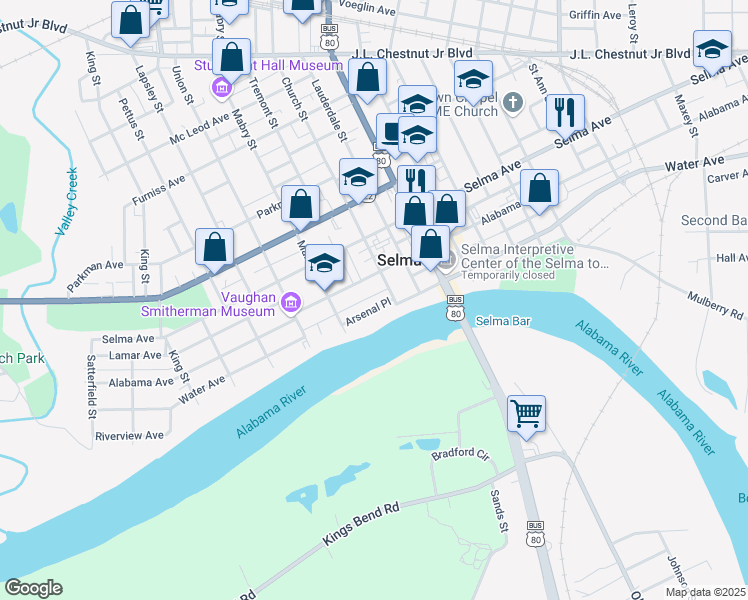 map of restaurants, bars, coffee shops, grocery stores, and more near 800 Alabama Ave in Selma