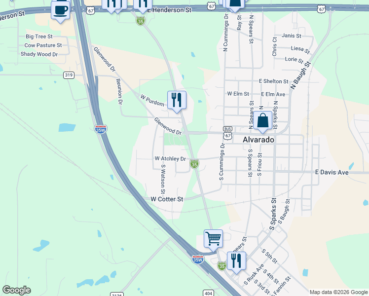 map of restaurants, bars, coffee shops, grocery stores, and more near 104 South Parkway Drive in Alvarado