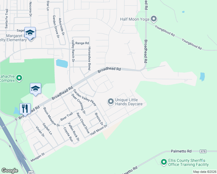 map of restaurants, bars, coffee shops, grocery stores, and more near 380 Boone Drive in Waxahachie