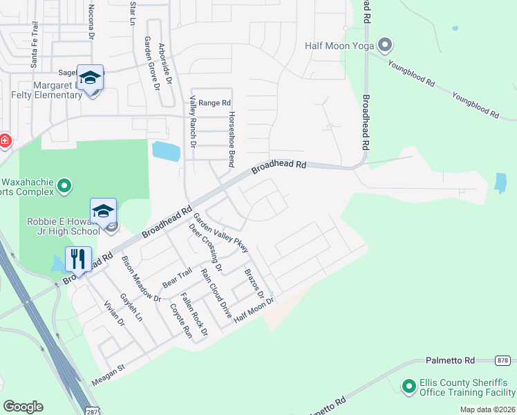 map of restaurants, bars, coffee shops, grocery stores, and more near 380 Boone Drive in Waxahachie