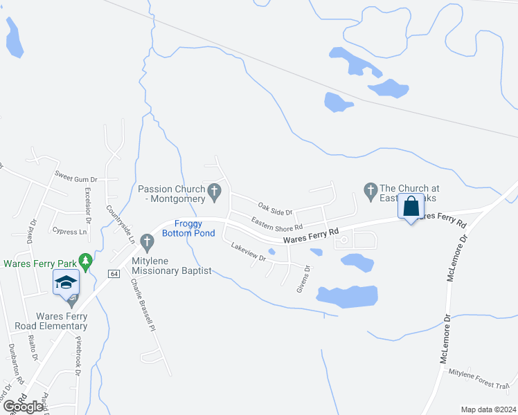 map of restaurants, bars, coffee shops, grocery stores, and more near 6936 Oak Side Drive in Montgomery