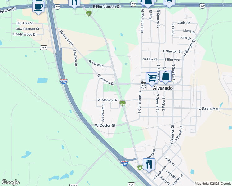 map of restaurants, bars, coffee shops, grocery stores, and more near 104 South Parkway Drive in Alvarado