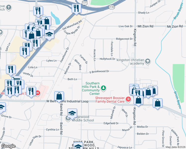map of restaurants, bars, coffee shops, grocery stores, and more near 1907 South Brookwood Drive in Shreveport