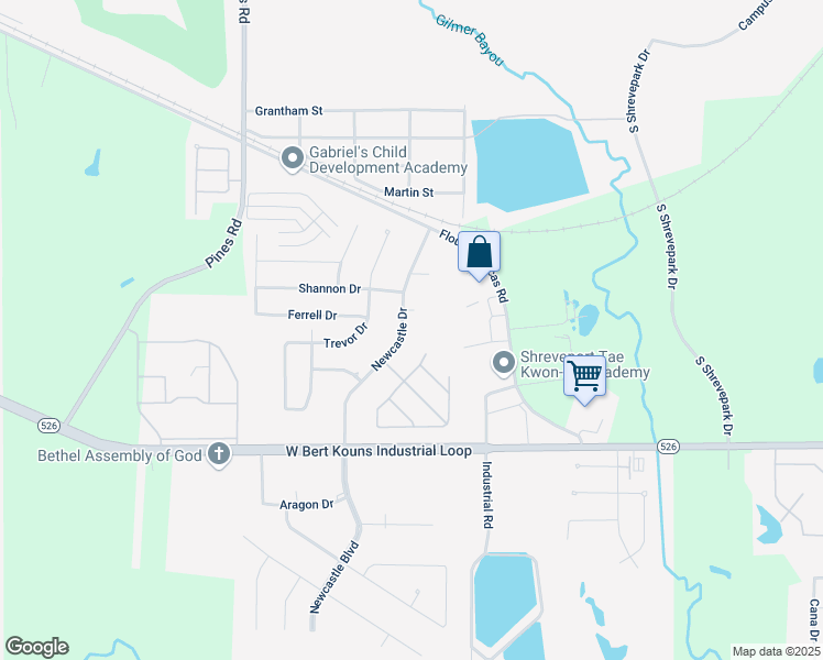 map of restaurants, bars, coffee shops, grocery stores, and more near 9049 Newcastle Drive in Shreveport