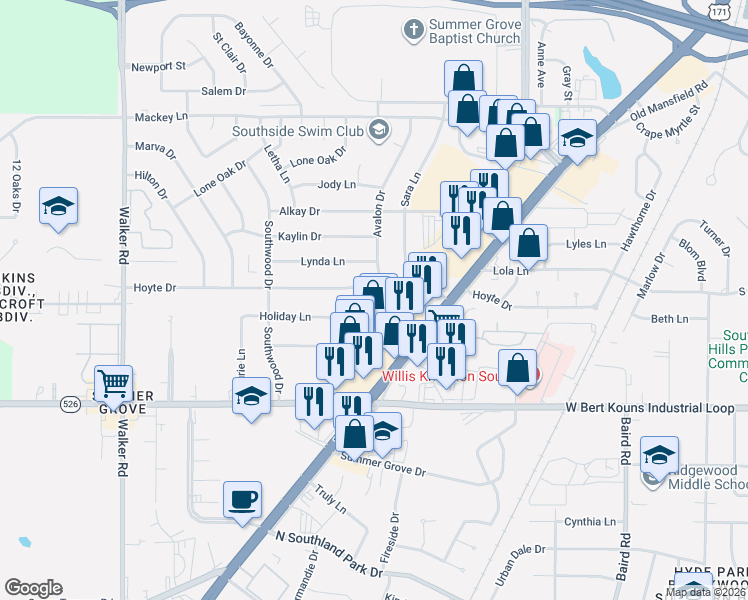 map of restaurants, bars, coffee shops, grocery stores, and more near 9110 Avalon Drive in Shreveport
