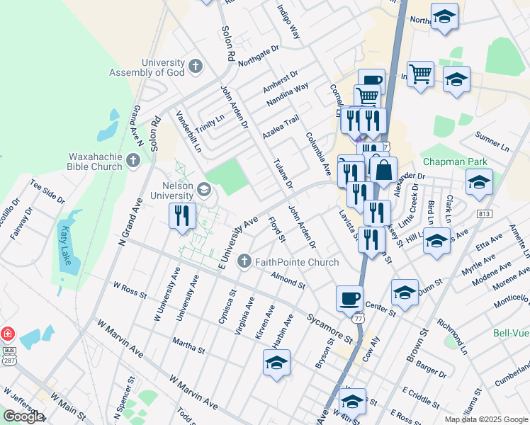 map of restaurants, bars, coffee shops, grocery stores, and more near 501 East University Avenue in Waxahachie