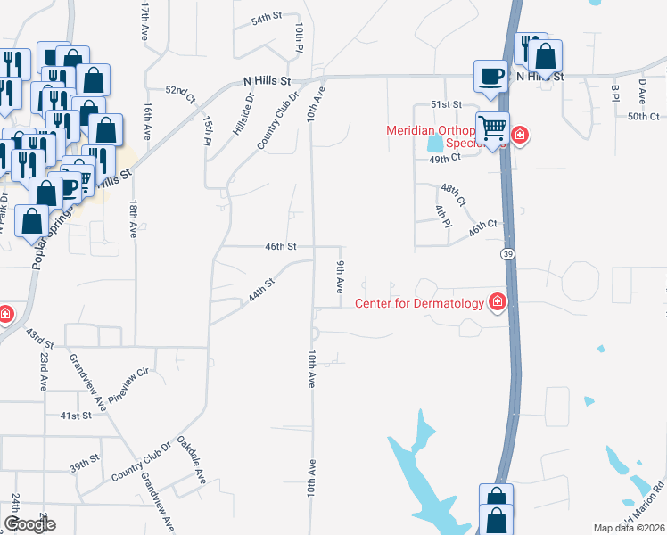 map of restaurants, bars, coffee shops, grocery stores, and more near 4517 9th Avenue in Meridian