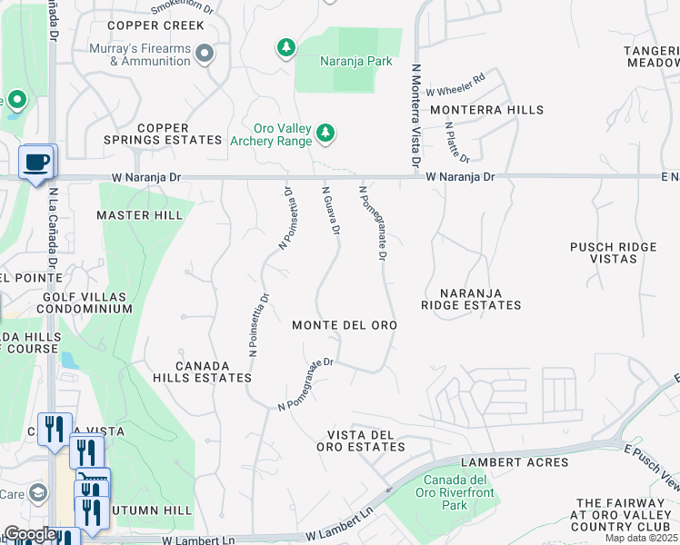 map of restaurants, bars, coffee shops, grocery stores, and more near 10990 North Guava Drive in Tucson