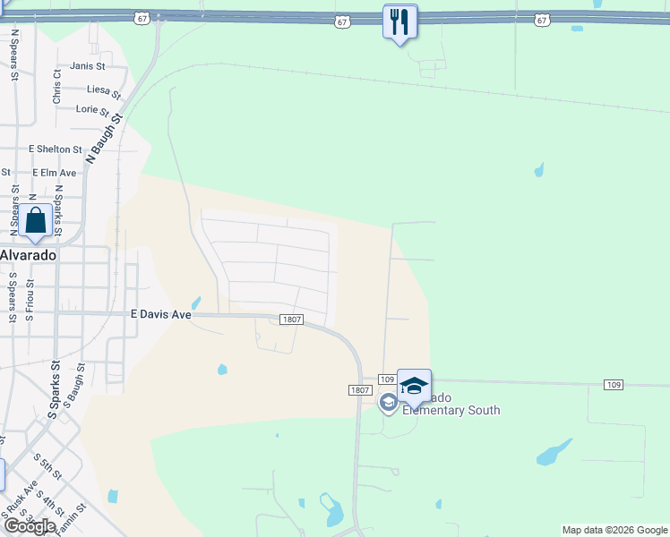 map of restaurants, bars, coffee shops, grocery stores, and more near 237 White Tail Lane in Alvarado
