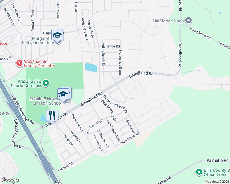 map of restaurants, bars, coffee shops, grocery stores, and more near 332 Adwood Drive in Waxahachie