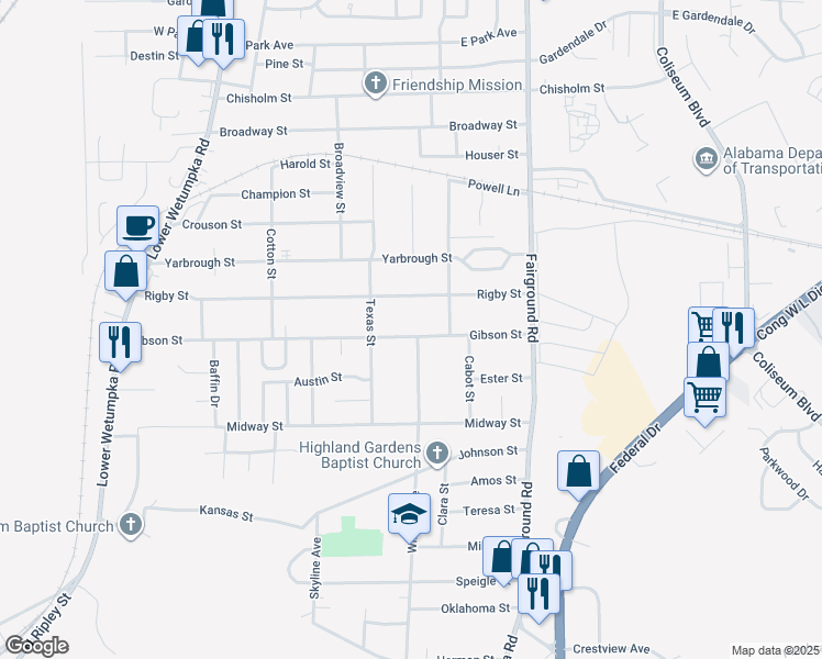 map of restaurants, bars, coffee shops, grocery stores, and more near 1939 Gibson Street in Montgomery