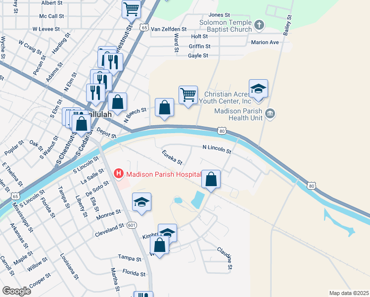 map of restaurants, bars, coffee shops, grocery stores, and more near 362 North Lincoln Street in Tallulah