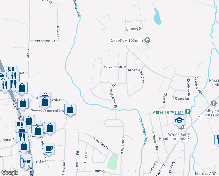 map of restaurants, bars, coffee shops, grocery stores, and more near 1137 Hidden Meadow Drive in Montgomery
