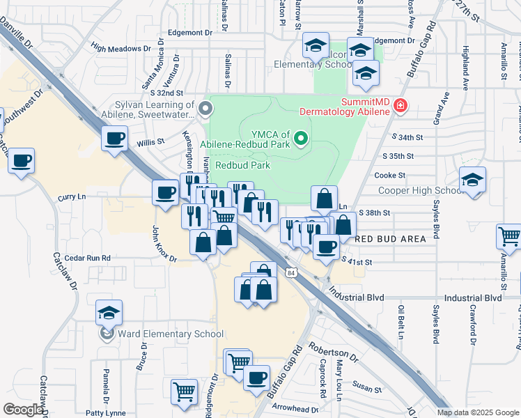 map of restaurants, bars, coffee shops, grocery stores, and more near 3175 Curry Lane in Abilene