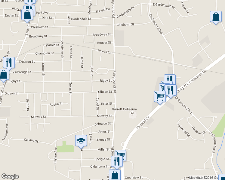 map of restaurants, bars, coffee shops, grocery stores, and more near 3303 Fairground Road in Montgomery