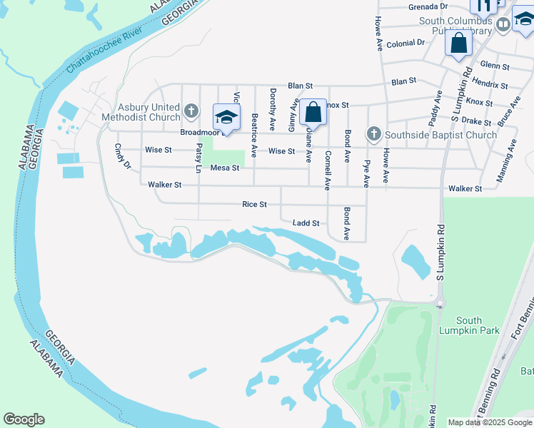 map of restaurants, bars, coffee shops, grocery stores, and more near 2620 Rice St in Columbus