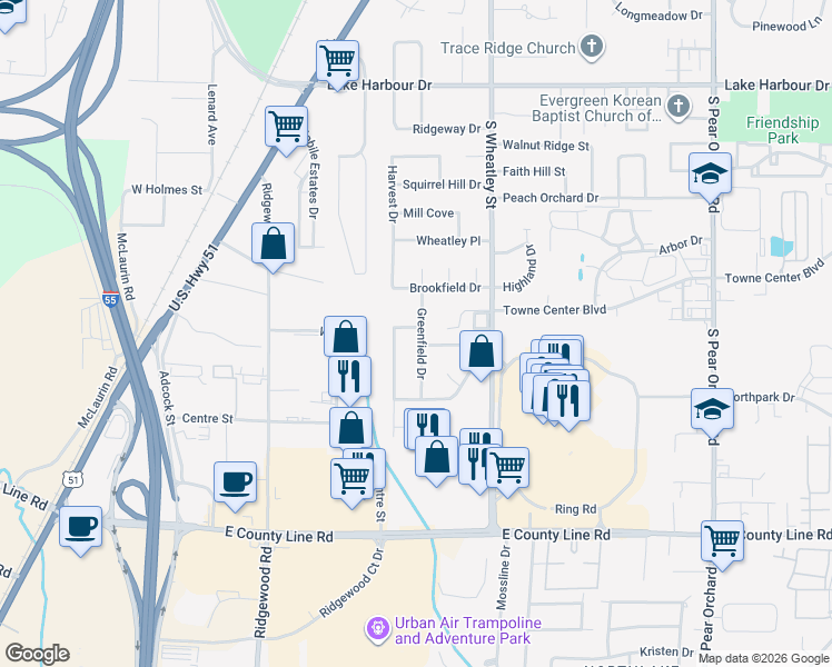 map of restaurants, bars, coffee shops, grocery stores, and more near 703 Greenfield Drive in Ridgeland