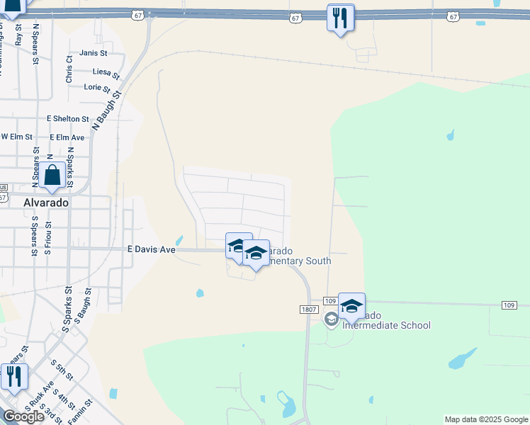 map of restaurants, bars, coffee shops, grocery stores, and more near 1125 Snowy Owl Drive in Alvarado
