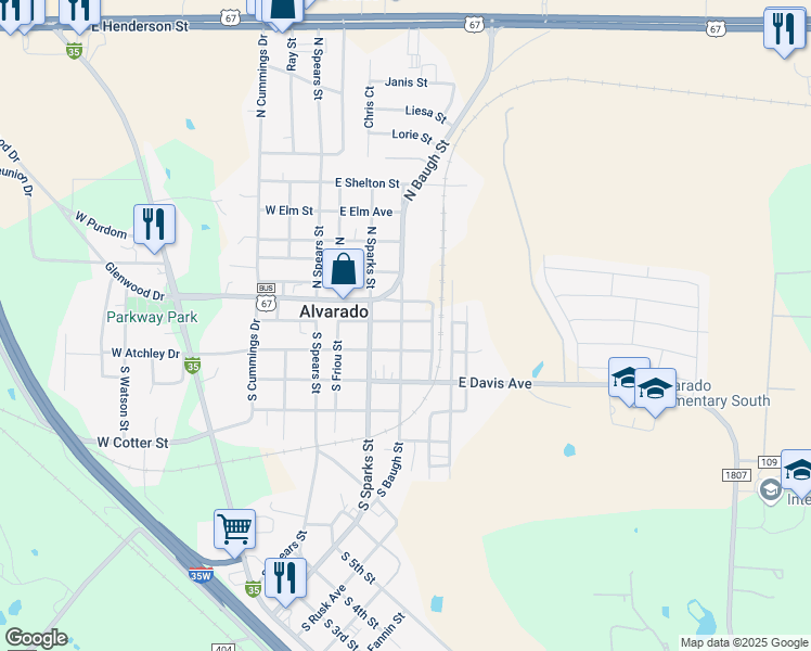 map of restaurants, bars, coffee shops, grocery stores, and more near 400 East Weaver Avenue in Alvarado