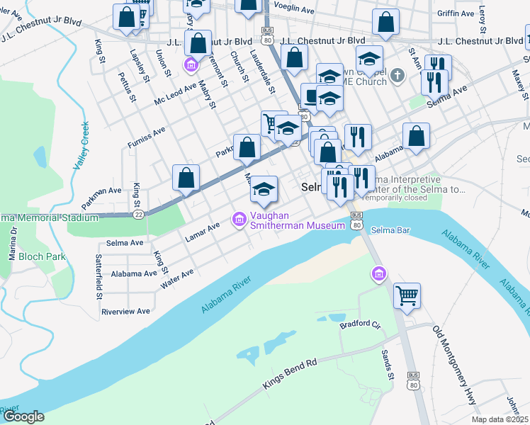 map of restaurants, bars, coffee shops, grocery stores, and more near in Selma