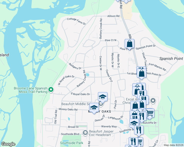 map of restaurants, bars, coffee shops, grocery stores, and more near 717 State Road S-7-410 in Beaufort