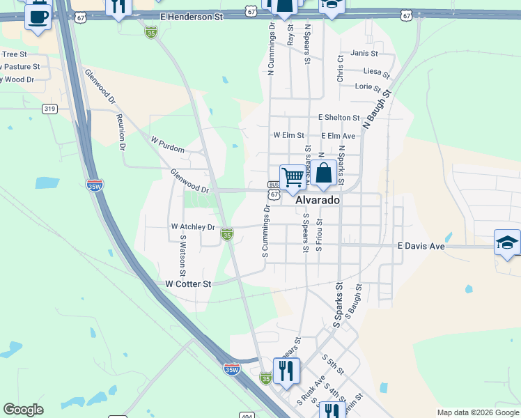 map of restaurants, bars, coffee shops, grocery stores, and more near 202 South Cummings Drive in Alvarado