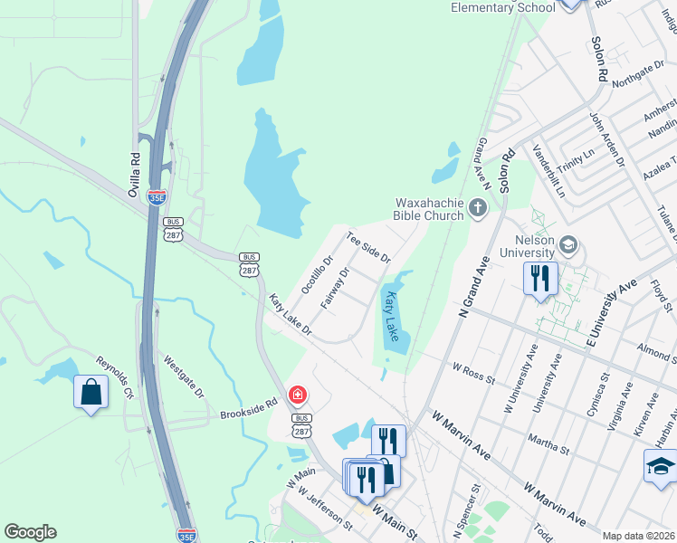 map of restaurants, bars, coffee shops, grocery stores, and more near 115 Ocotillo Drive in Waxahachie