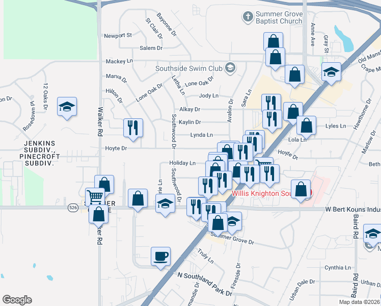 map of restaurants, bars, coffee shops, grocery stores, and more near 2845 Hoyte Drive in Shreveport