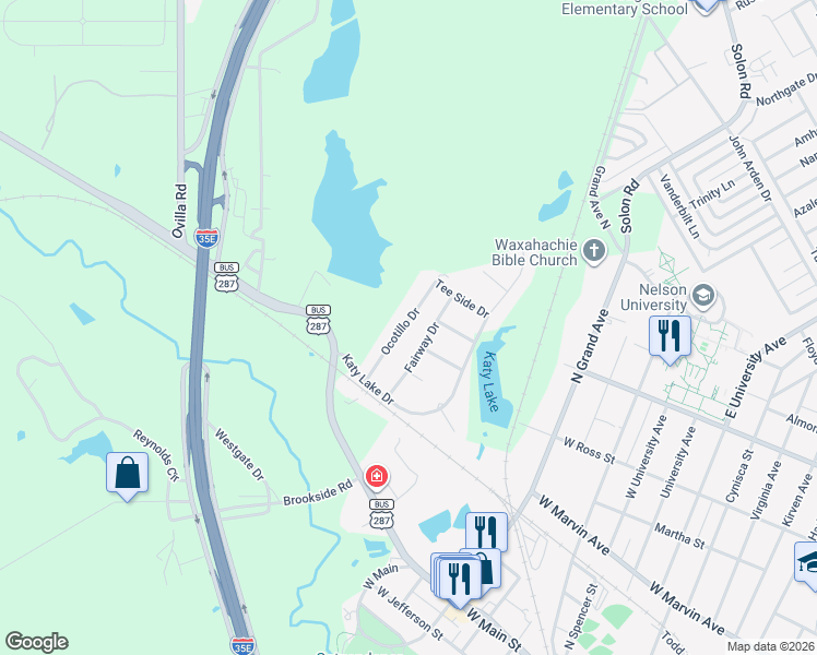 map of restaurants, bars, coffee shops, grocery stores, and more near 115 Ocotillo Drive in Waxahachie