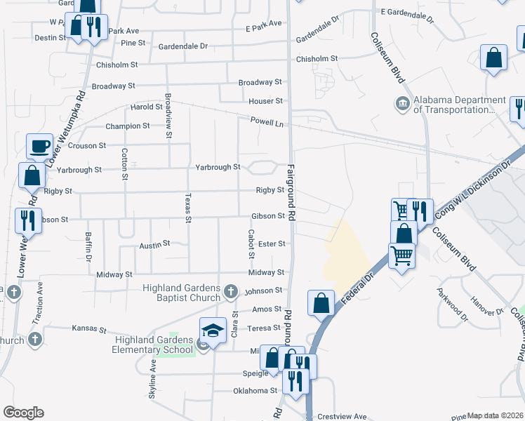 map of restaurants, bars, coffee shops, grocery stores, and more near 2115 Gibson Street in Montgomery