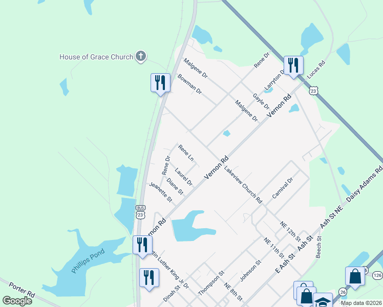 map of restaurants, bars, coffee shops, grocery stores, and more near 127 Rene Lane in Cochran