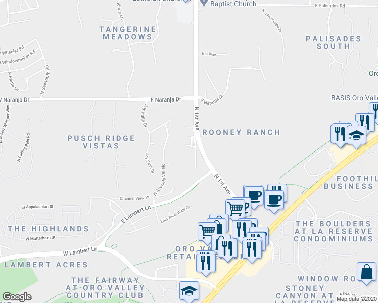 map of restaurants, bars, coffee shops, grocery stores, and more near 10929 North 1st Avenue in Tucson