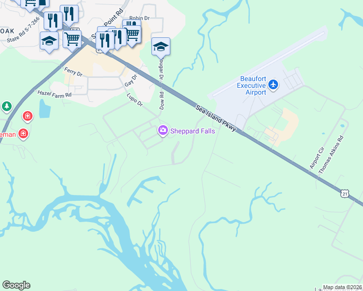 map of restaurants, bars, coffee shops, grocery stores, and more near 26 Little Creek Road in Beaufort