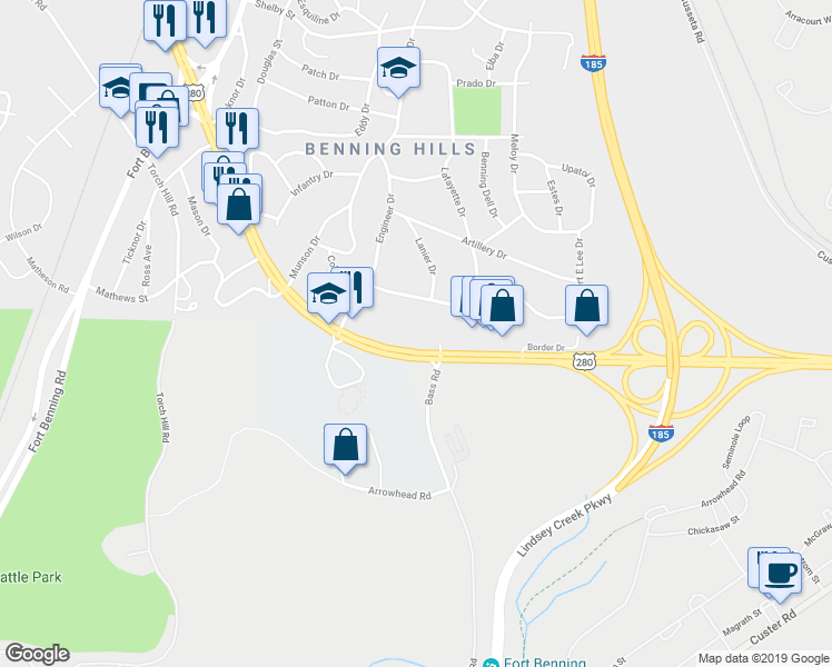 map of restaurants, bars, coffee shops, grocery stores, and more near 4343 Victory Drive in Columbus