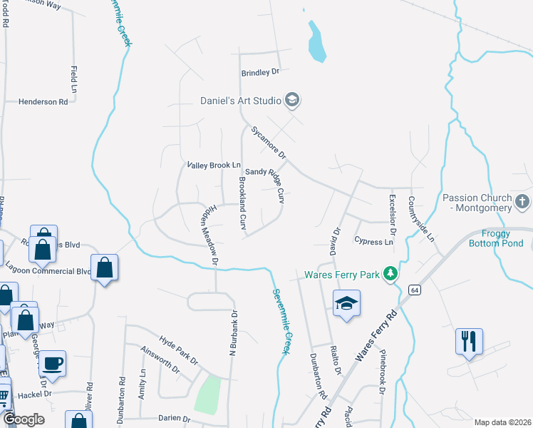 map of restaurants, bars, coffee shops, grocery stores, and more near 6338 Sandy Ridge Curve in Montgomery