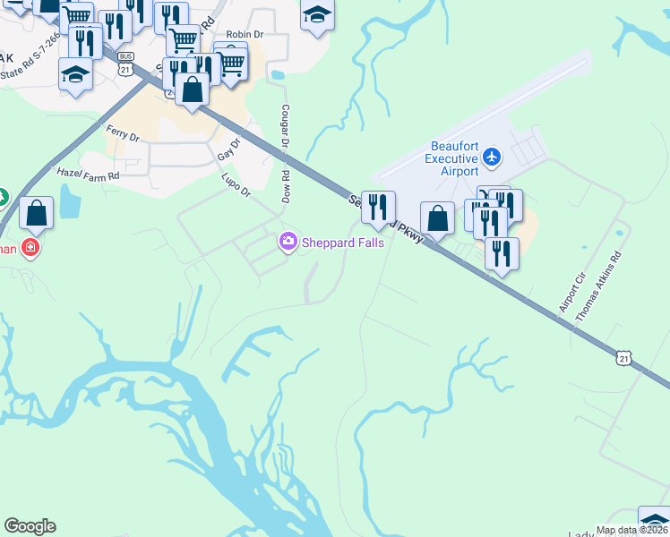 map of restaurants, bars, coffee shops, grocery stores, and more near 26 Little Creek Road in Beaufort