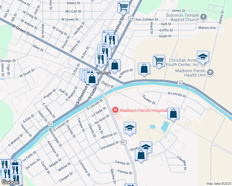 map of restaurants, bars, coffee shops, grocery stores, and more near 100 South Lincoln Street in Tallulah