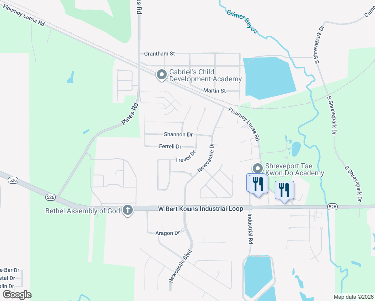 map of restaurants, bars, coffee shops, grocery stores, and more near 5709 Ferrell Drive in Shreveport