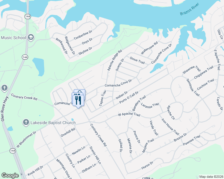 map of restaurants, bars, coffee shops, grocery stores, and more near 840 Tepee Trail in Granbury