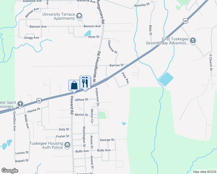 map of restaurants, bars, coffee shops, grocery stores, and more near 199 Locust Avenue in Tuskegee